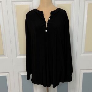 NWT Anne Klein Black Knit Top Long Puff Sleeve Button Split Neck 2X 305WIABE54H